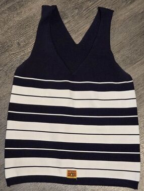 Vintage County Seat FB Girl Striped Knit Tank Top Navy Cream Y2K Preppy Small